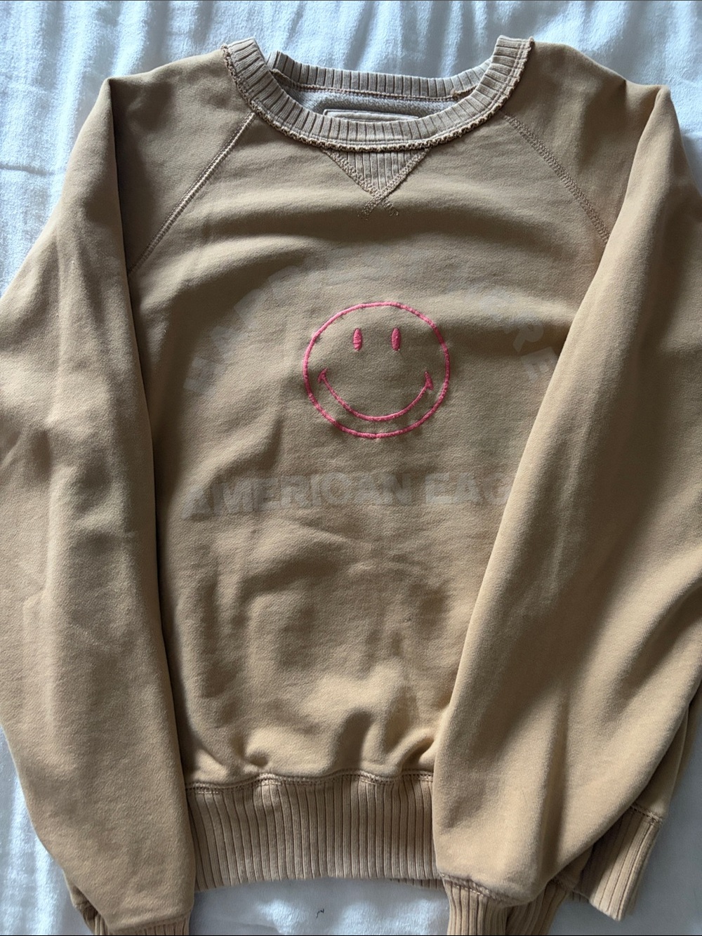 American Eagle Outfitters Tan Crewneck Sweatshirt with Pink Smiley